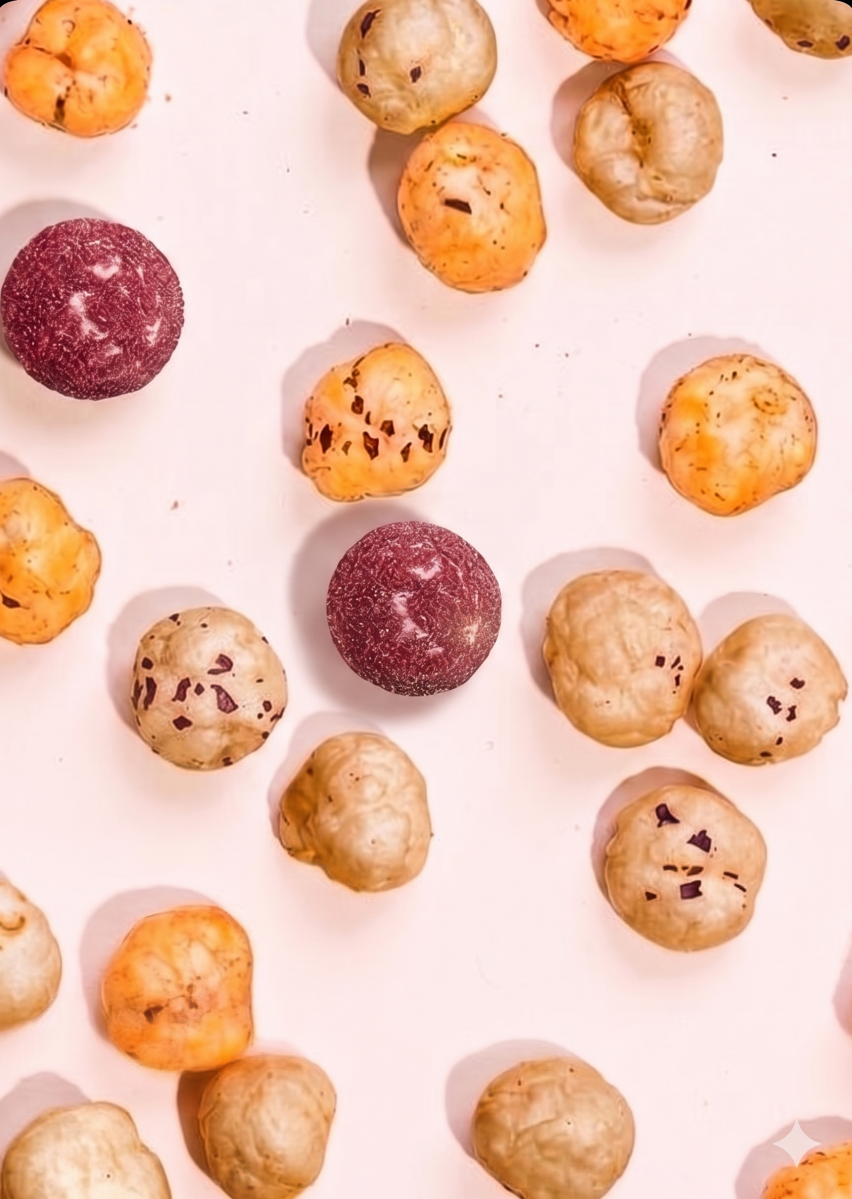 Multiple air-popped lotus seed snacks scattered across a light pink surface — brown, golden, and deep red coatings, each with visible herb flecks, casting soft shadows. 