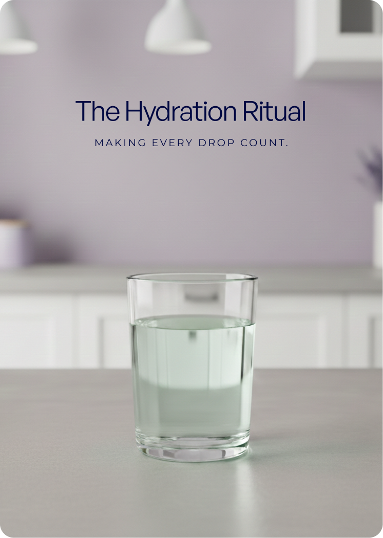Glass of lightly tinted water on a kitchen counter in a soft-lit home setting, representing a prepared hydration drink.