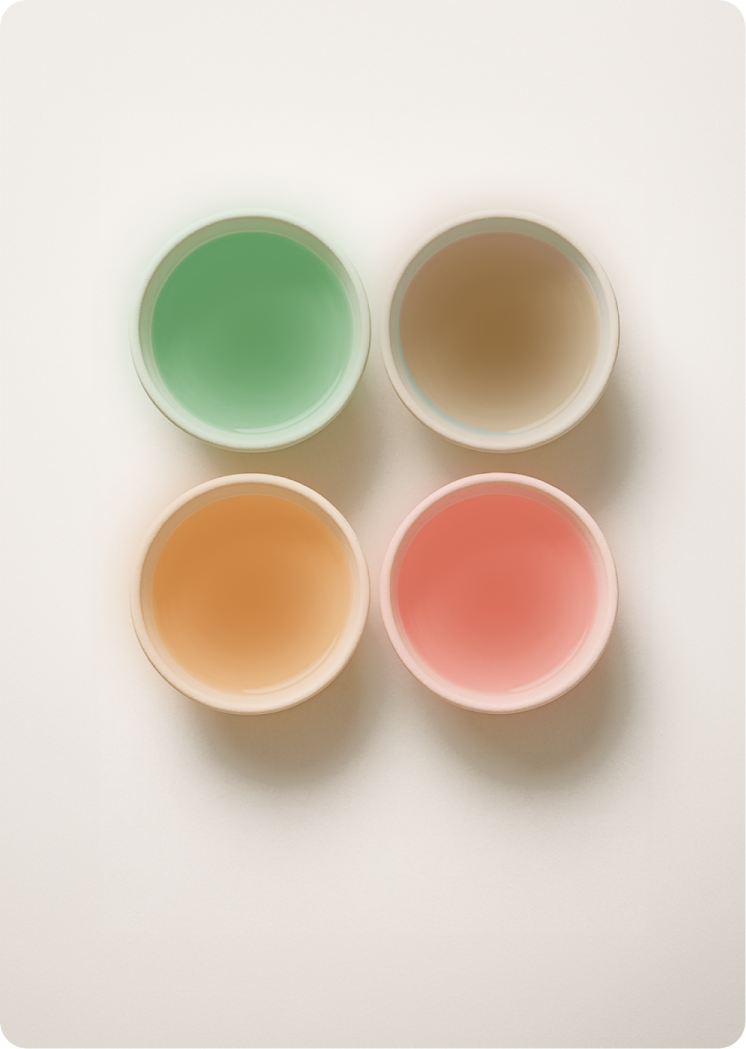 Top-down view of four small bowls arranged in a grid, filled with light green, beige, orange, and pink coloured water.