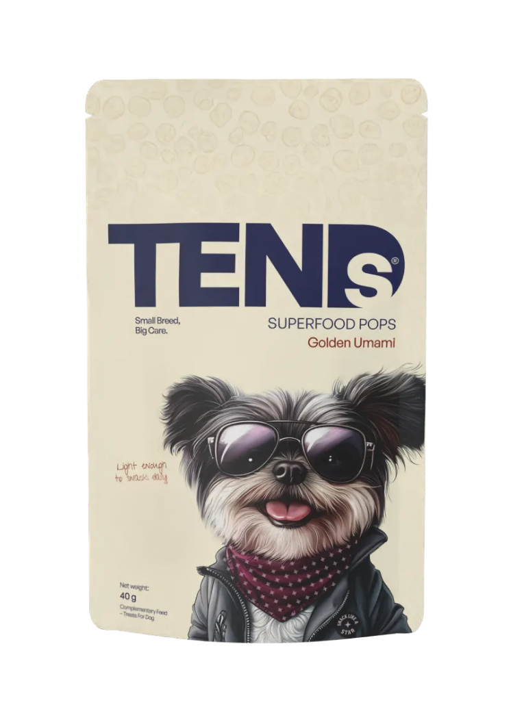 TENDS Superfood Pops “Golden Umami” pouch packaging with an illustrated Yorkshire Terrier–style dog wearing sunglasses on the front.