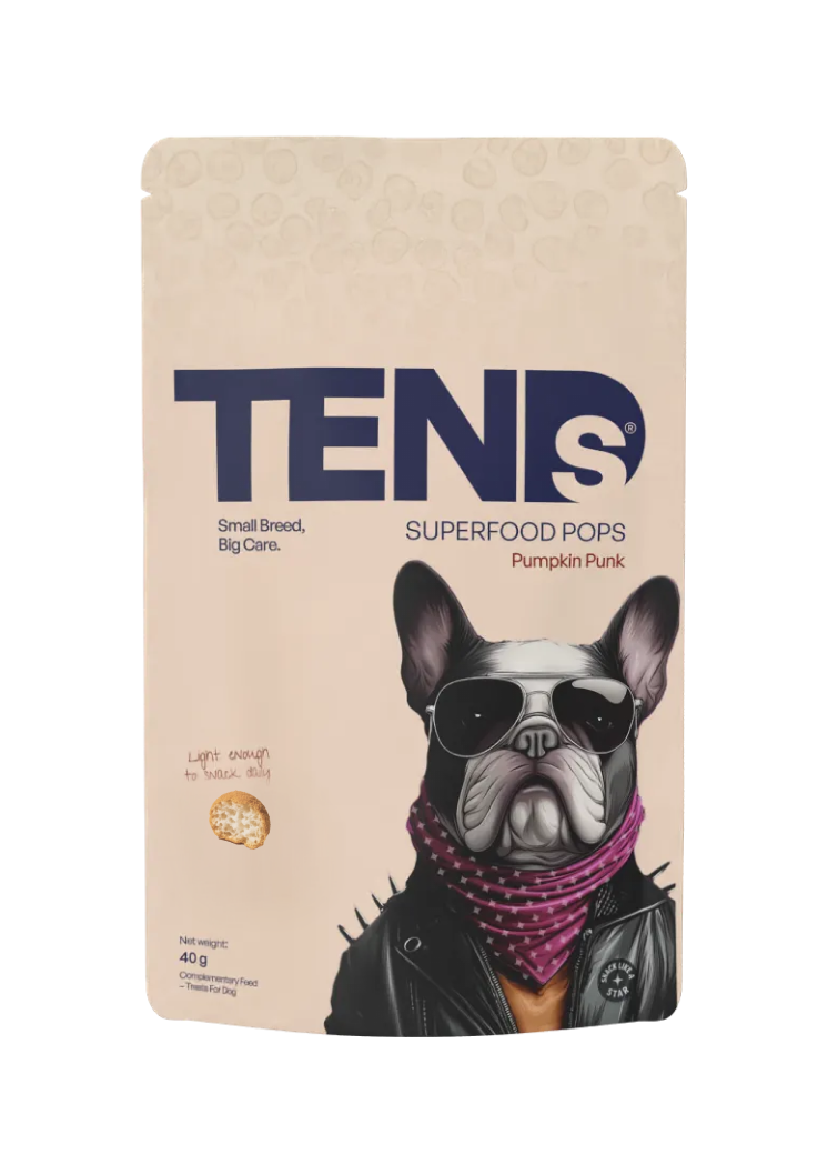 TENDS Superfood Pops “Pumpkin Punk” pouch packaging with an illustrated French Bulldog wearing sunglasses on the front.