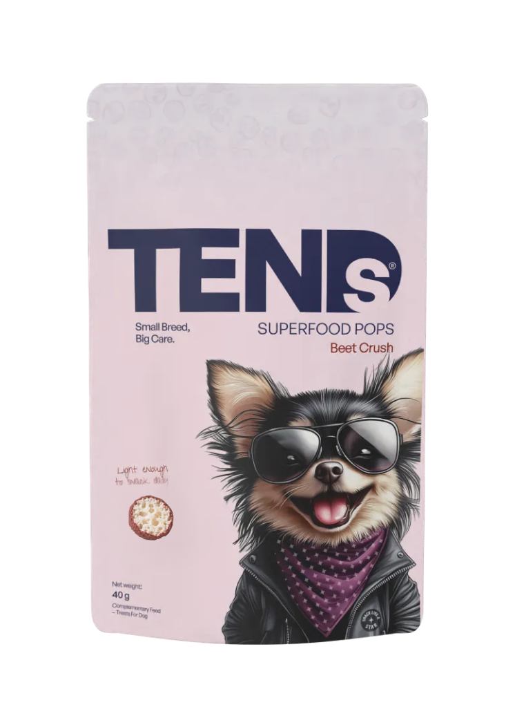 TENDS Superfood Pops “Beet Crush” pouch packaging with an illustrated Chihuahua wearing sunglasses on the front.