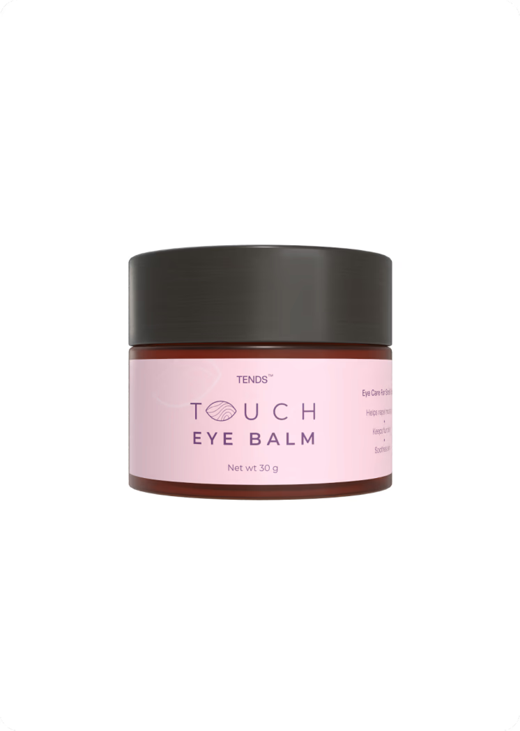TENDS Touch Eye Balm jar with a black lid shown against a clean white background, with the product label clearly visible