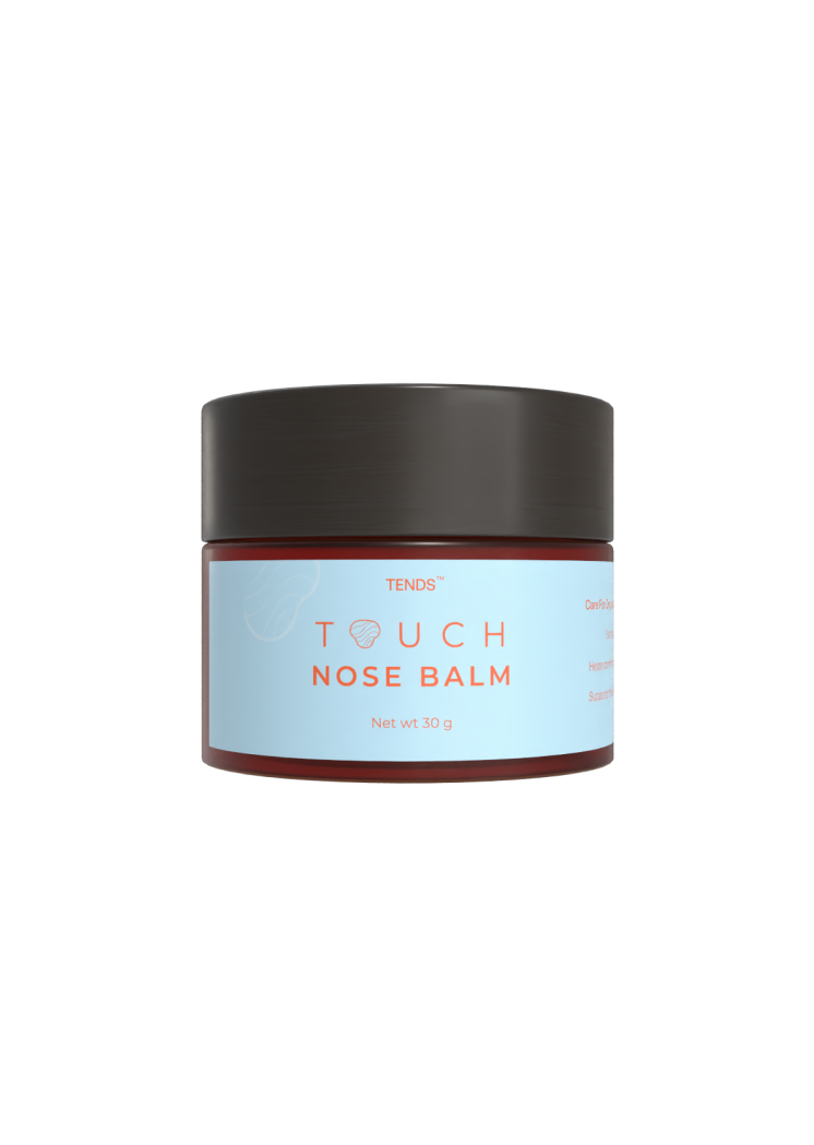 TENDS Touch Nose Balm in an amber glass jar with a blue label and black lid, shown against a clean white background.