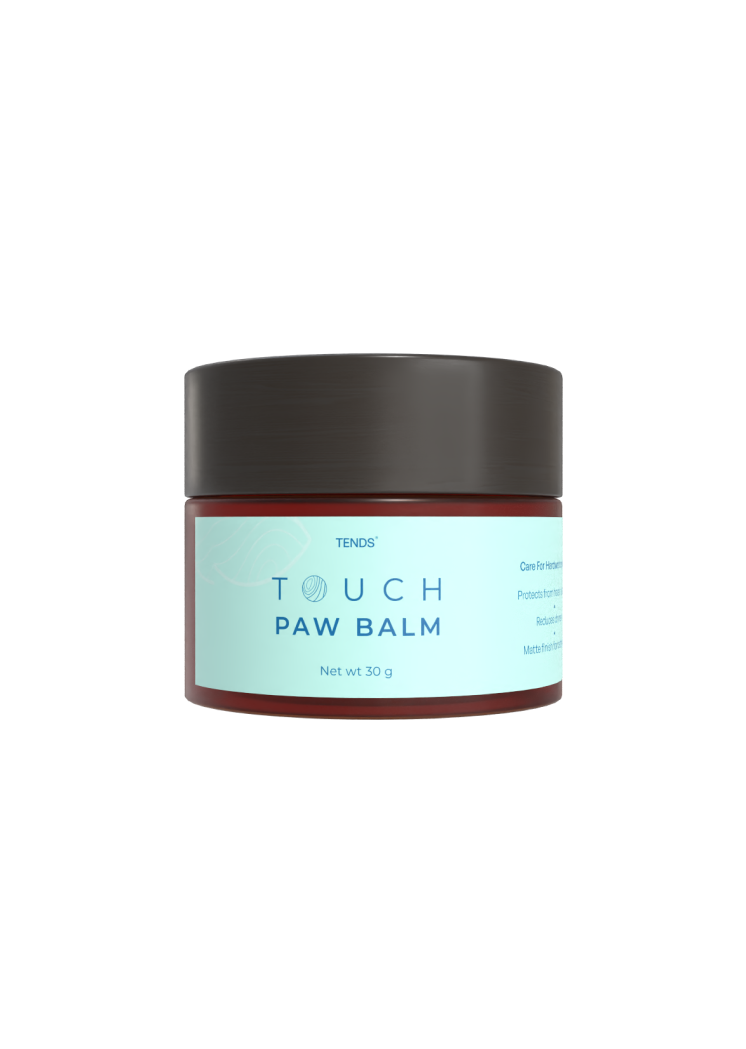 TENDS Touch Paw Balm in an amber glass jar with a teal label and black lid, shown against a clean white background.