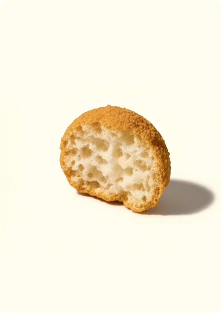 Half of an air-popped lotus seed snack with a golden coating, showing its light, porous interior on a neutral surface.