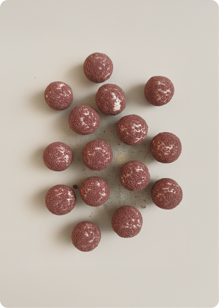 Top-down view of multiple air-popped lotus seed snacks with a red coating, arranged on a neutral surface.